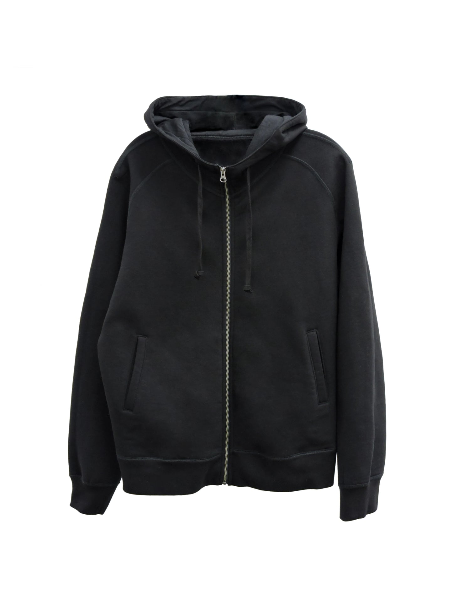 Black fleece sweater with wide hood and zipper