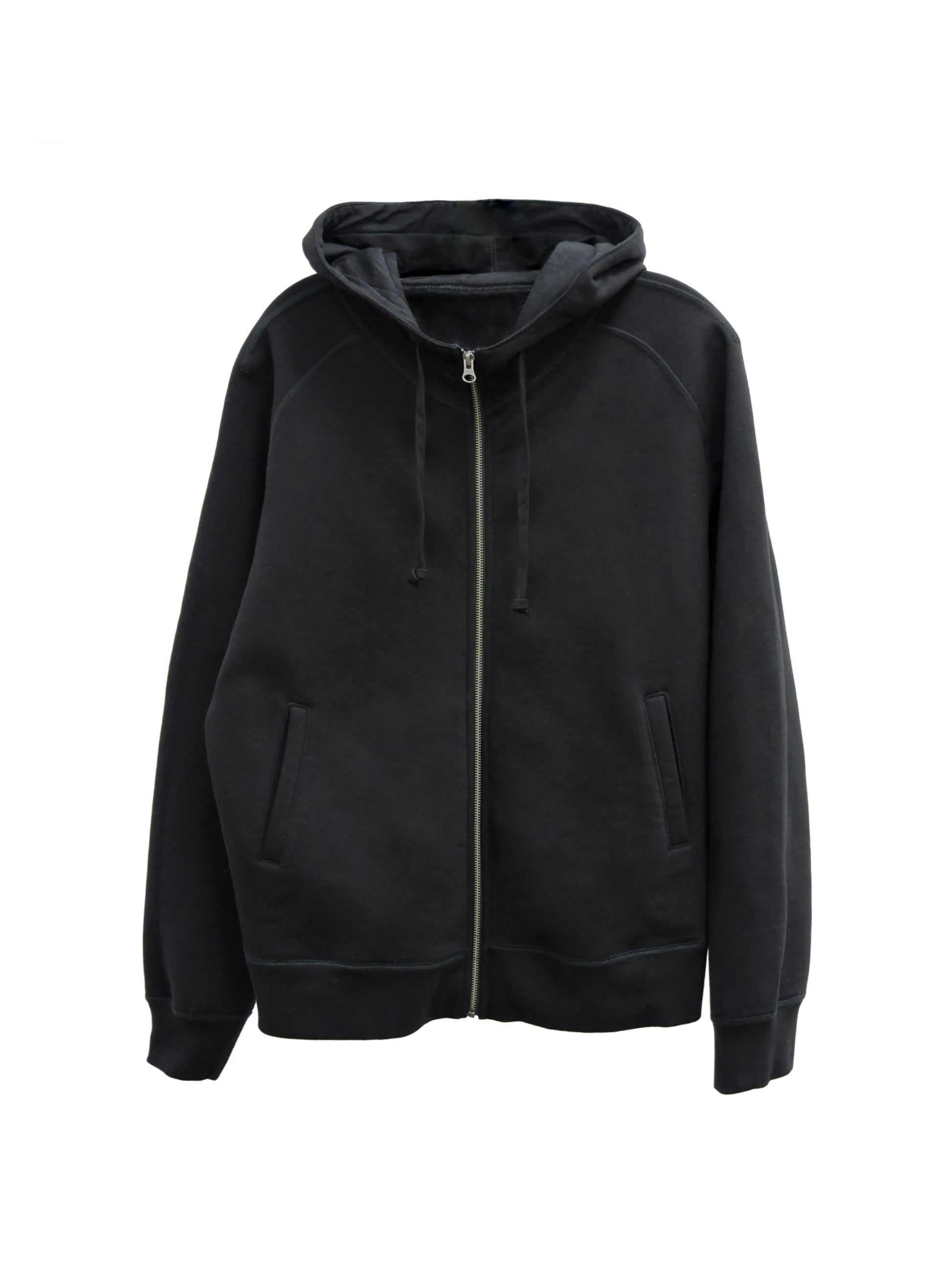 Black fleece sweater with wide hood and zipper