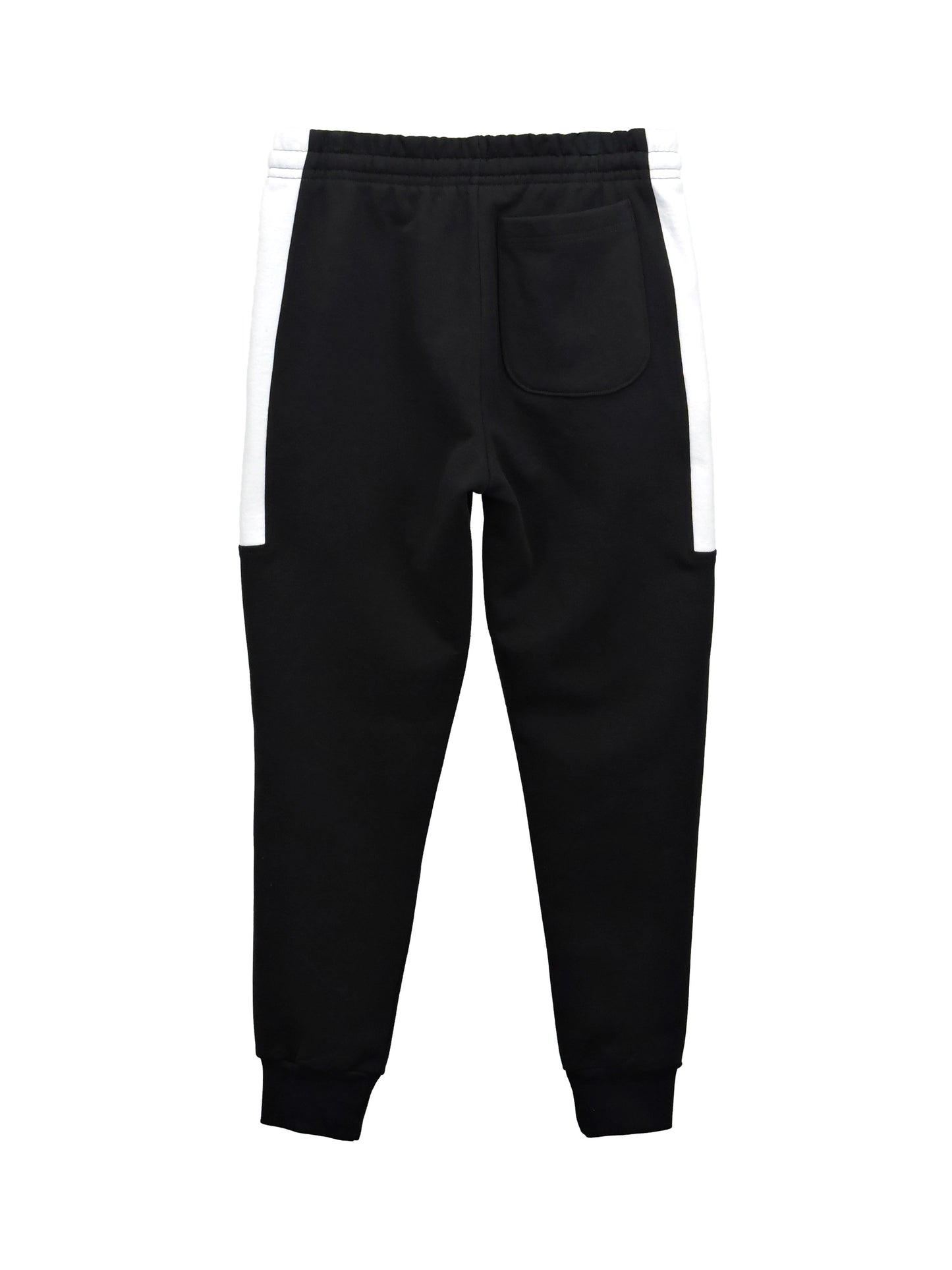 Back of pants, with black color extending until white pockets and outer waist