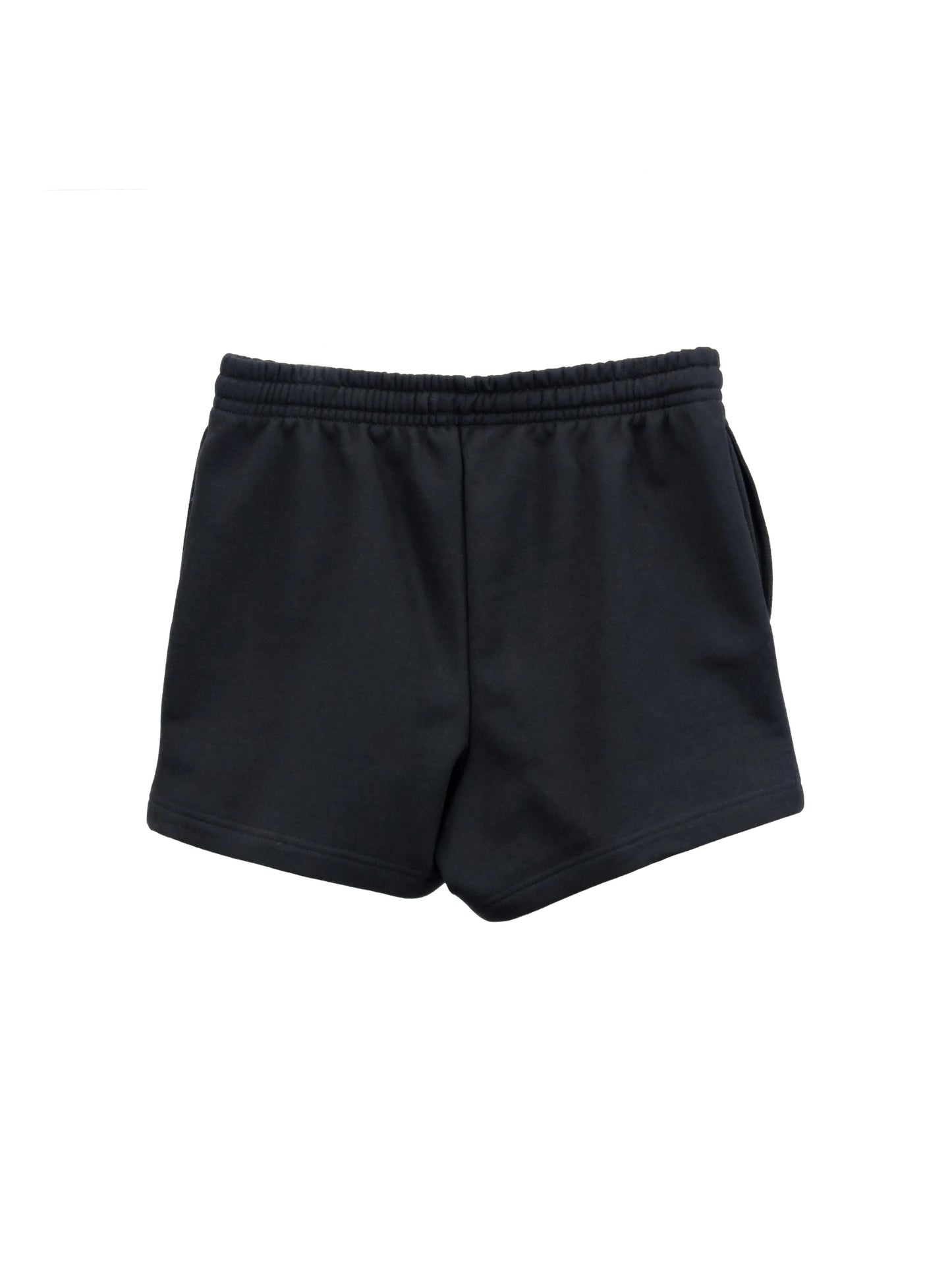 Back of mini-short in black fleece.