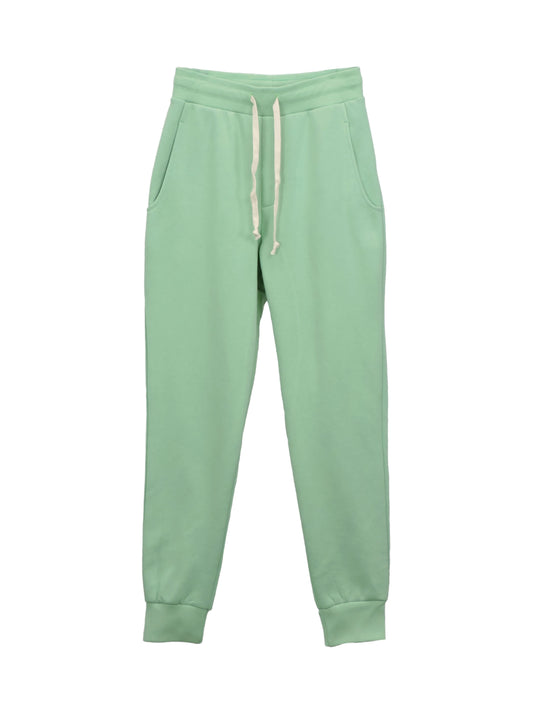 Mint Green Fleece Joggers with Wide Pockets and White Drawstrings