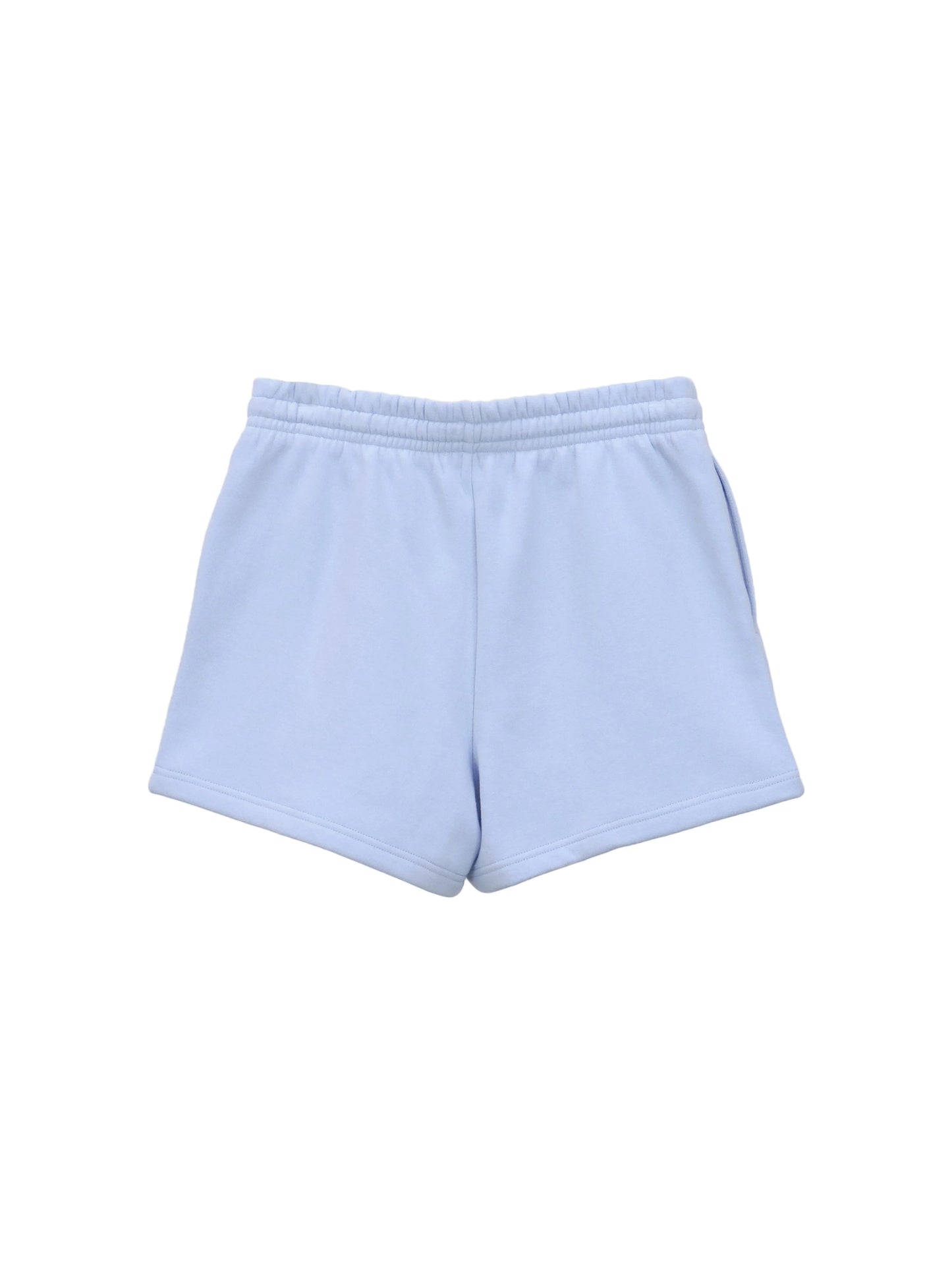 Back of airy blue fleece mini-shorts