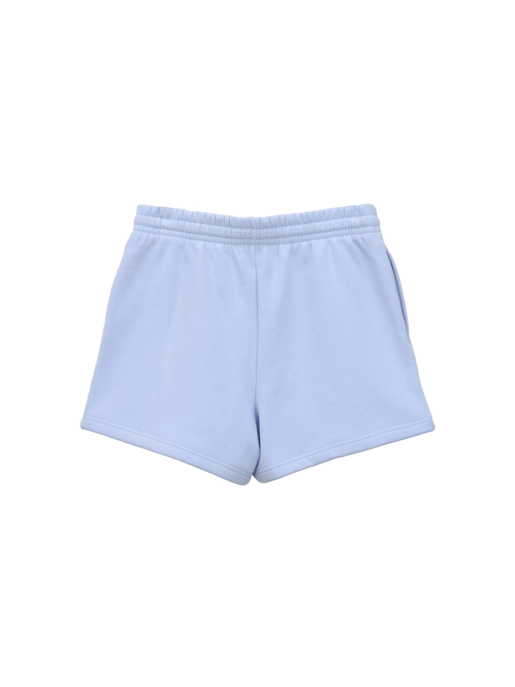 Back of airy blue fleece mini-shorts