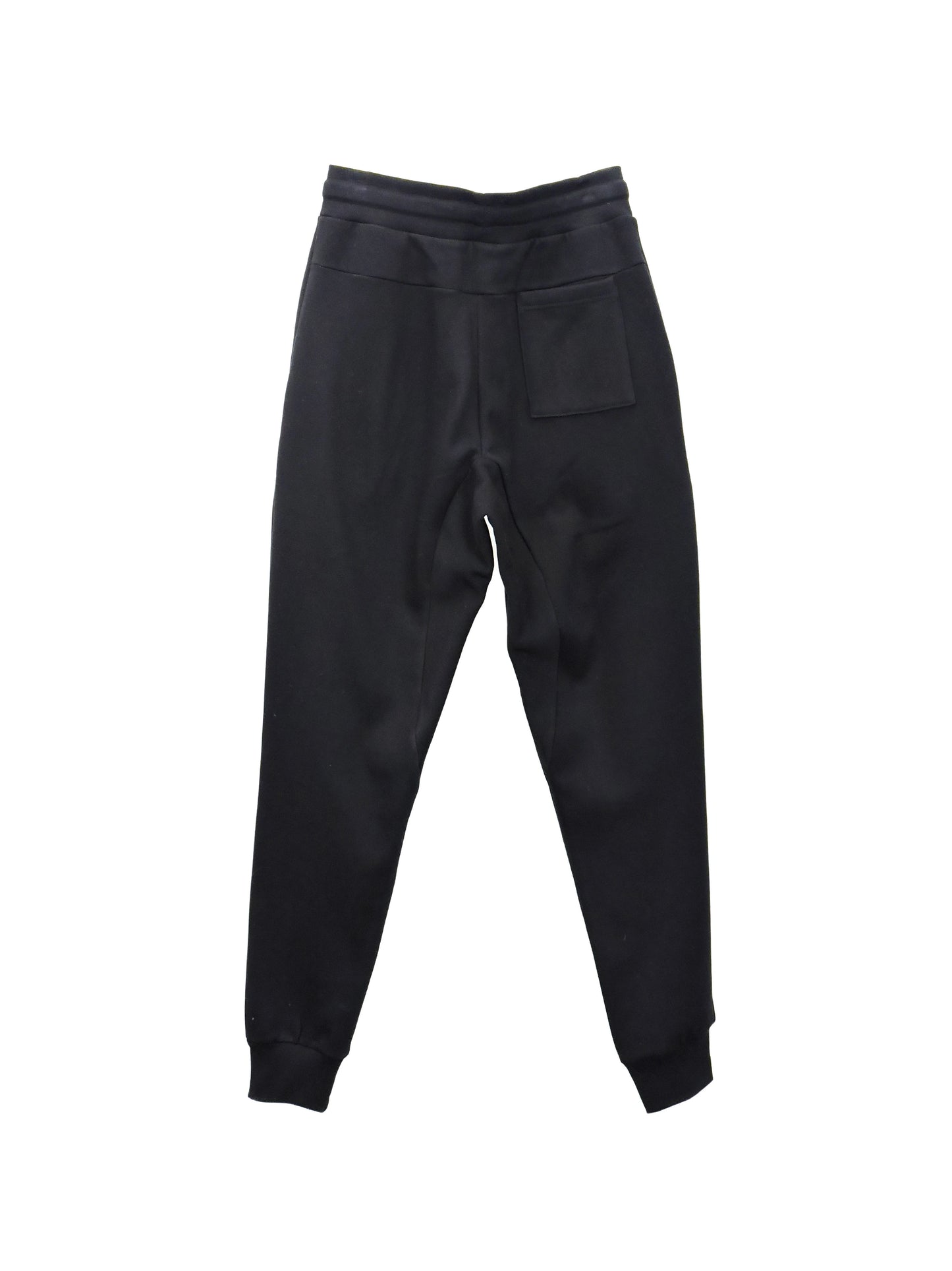 Back of joggers displaying one back pocket and elastic waistband.