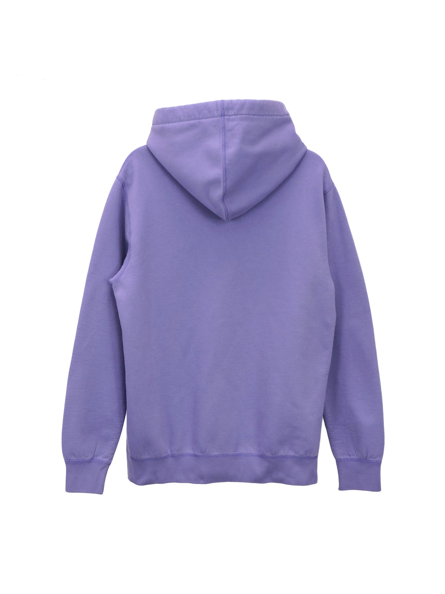 Back of Purple fleece hoodie showing fitted cuffs and waist ribbing.