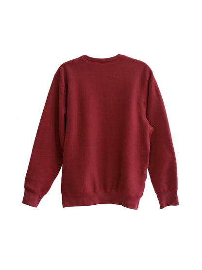 Back of Burgundy fleece crewneck sweater