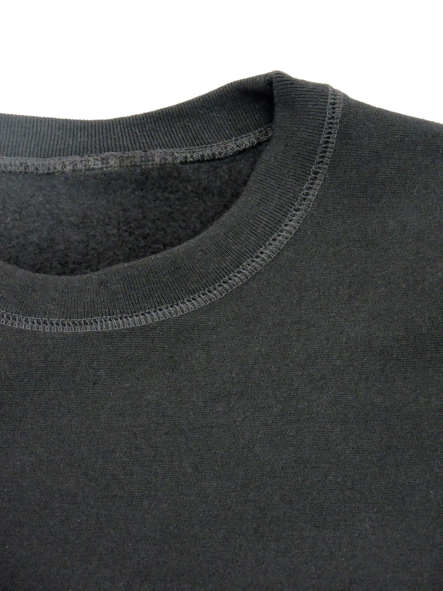 Close up of crewneck collar showing premium fleece material