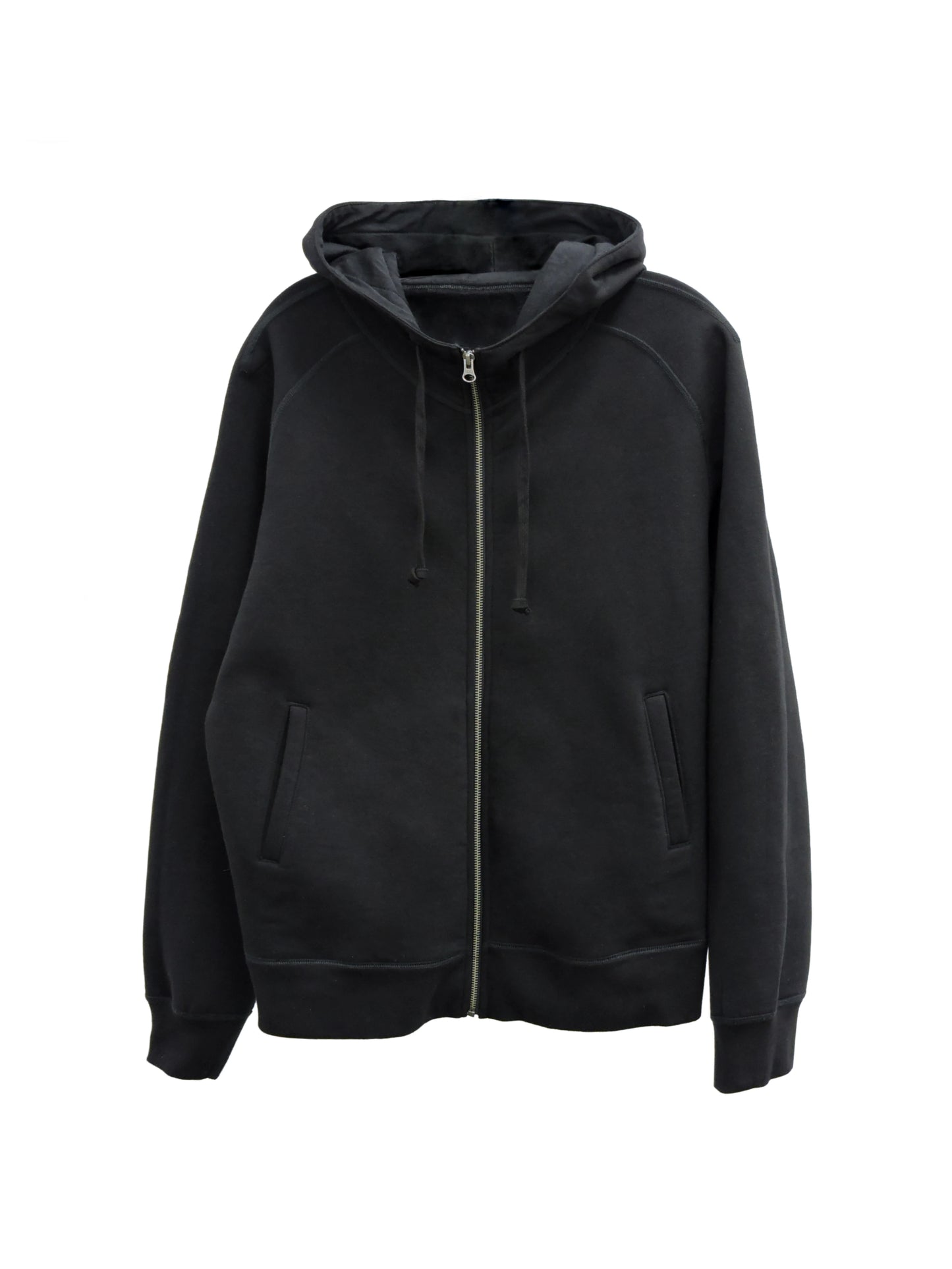 Black fleece sweater with wide hood and zipper