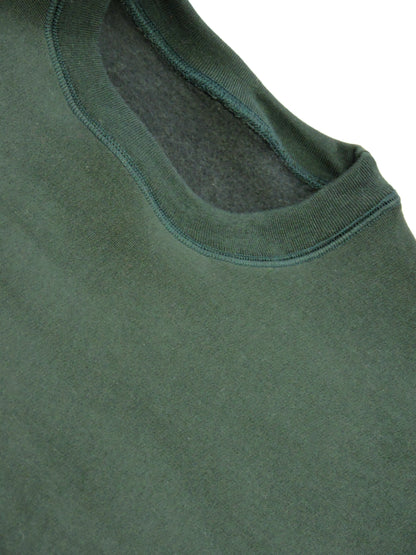 Closeup of Crewneck collar and green cotton fabric