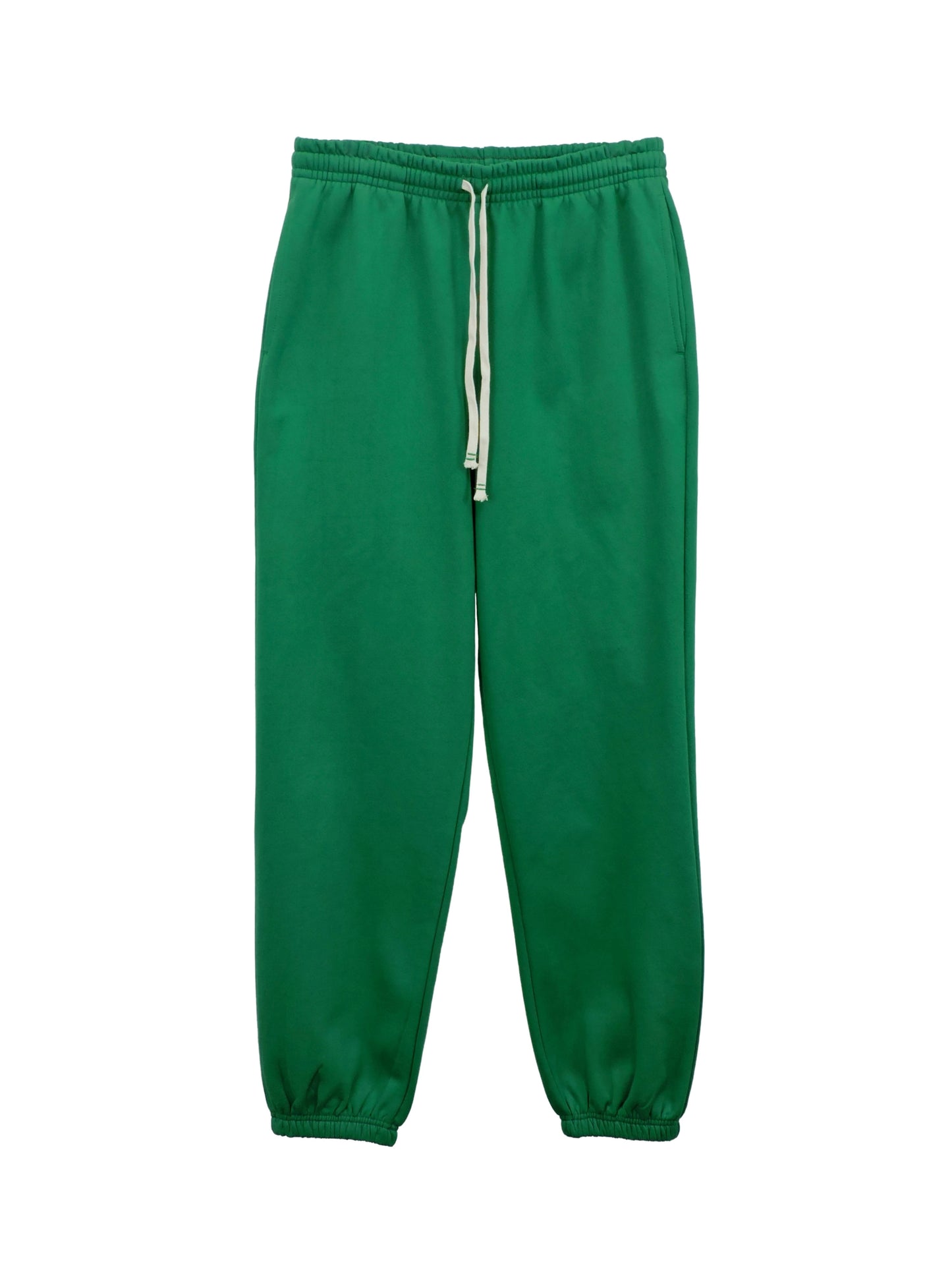 Green Fleece sweatpants with white drawstrings