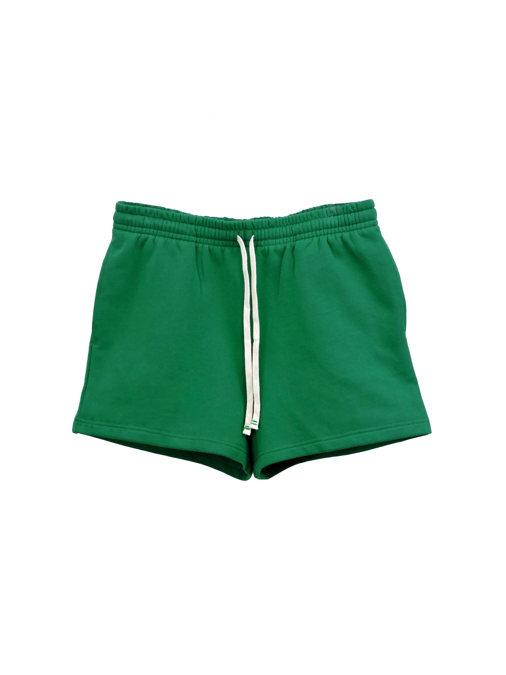 Mini Green Fleece Shorts with Long White Drawstrings.