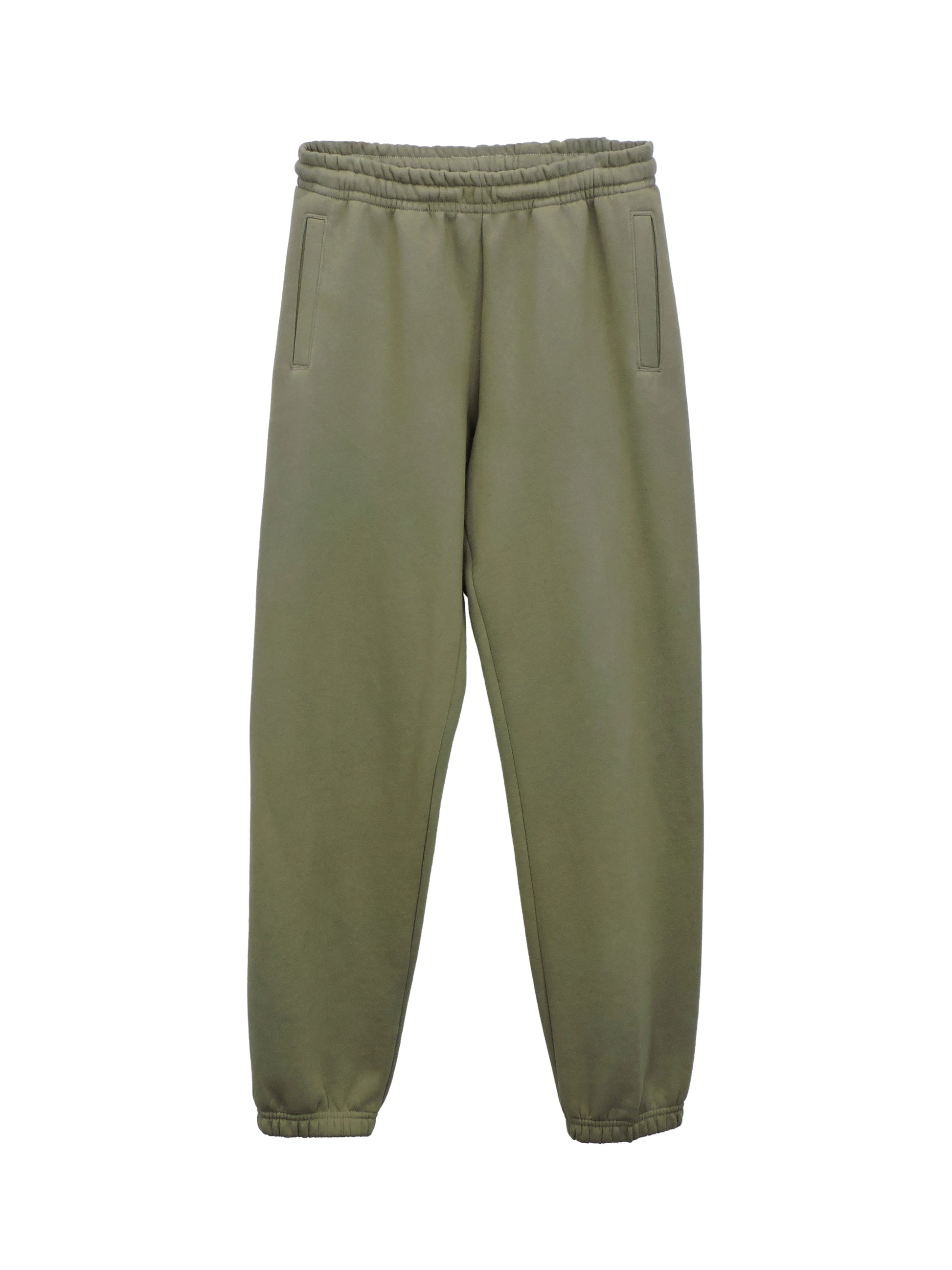 Moss green sweatpants with loose ankle cuffs and two side pockets