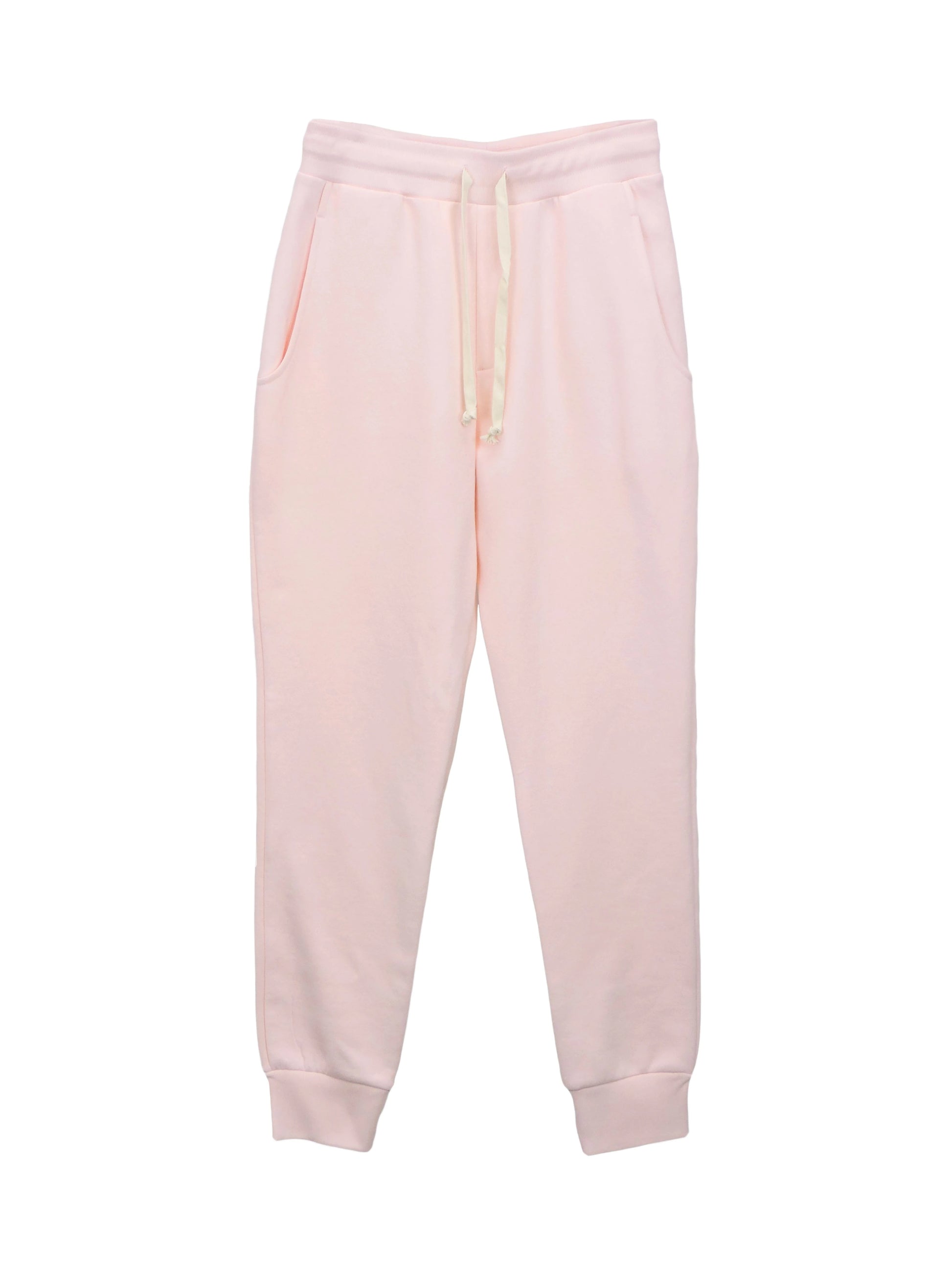 Pale Pink Fleece Jogger with White Drawstrings