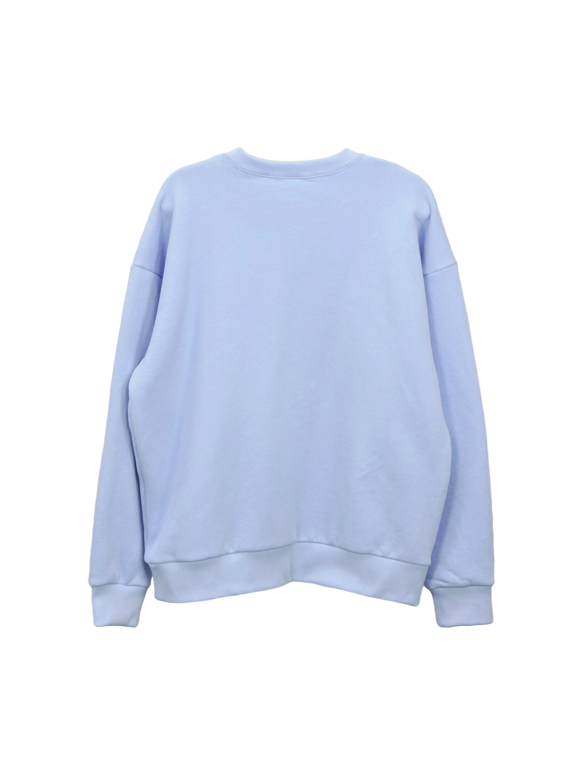 Back of cotton crewneck, displaying hemmed color, ribbed at cuffs and waist.