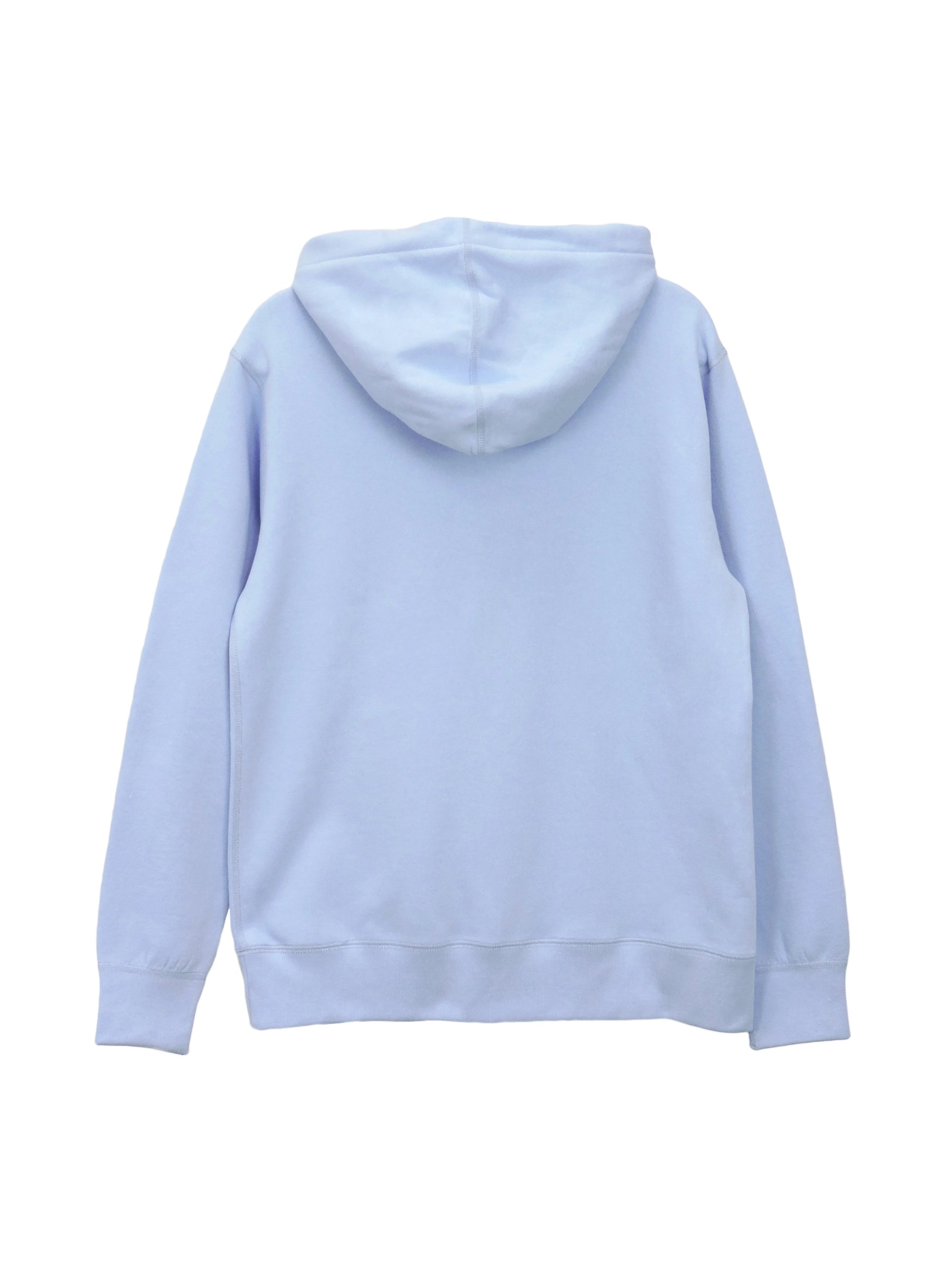 Back of clothing blank hoodie in airy blue, ribbed cuffs and waistband
