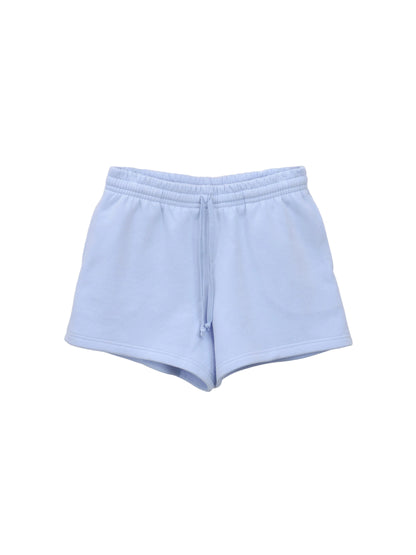 Front of Mini-Shorts showing low-cut length and blended blue drawstrings