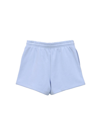 Back of airy blue fleece mini-shorts