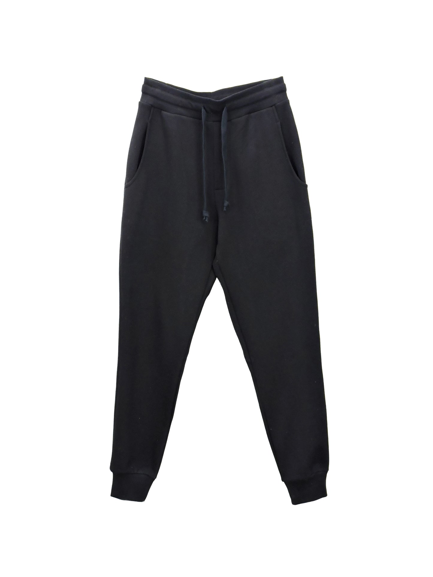 Soft Black Joggers featuring ribbed ankles and blended black drawstrings.