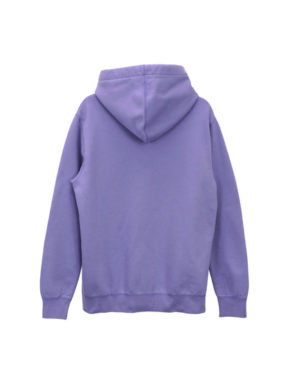 Back of Purple fleece hoodie showing fitted cuffs and waist ribbing. 
