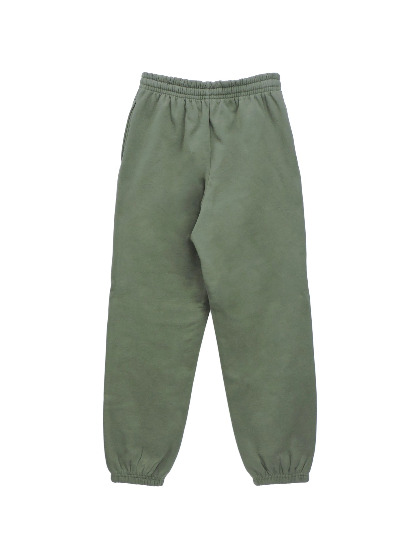 Back of olive green sweatpants with elastic ankle cuffs