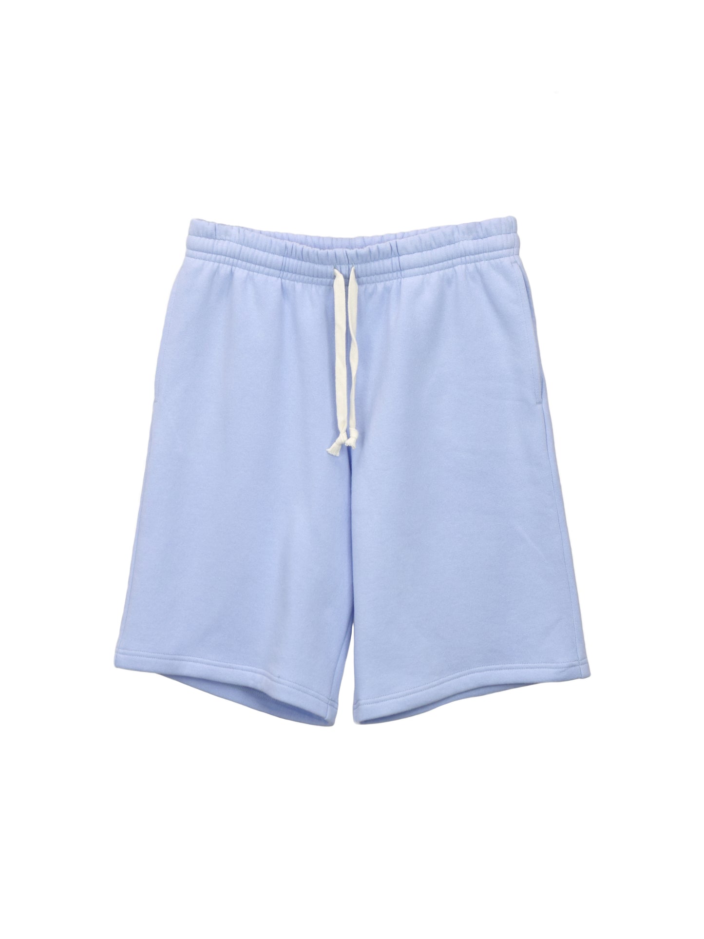 Frontal view of airy blue longshorts, showing white drawstrings and waistband.