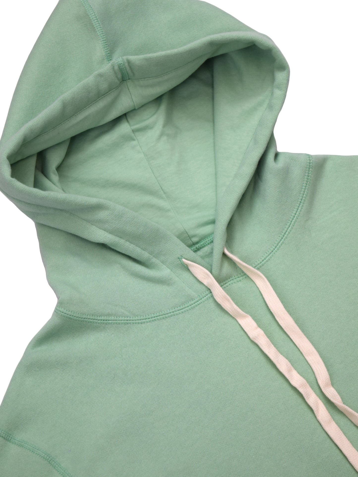 Close up of Hood Interior, White Drawstrings, Mint Green Cotton Fabric