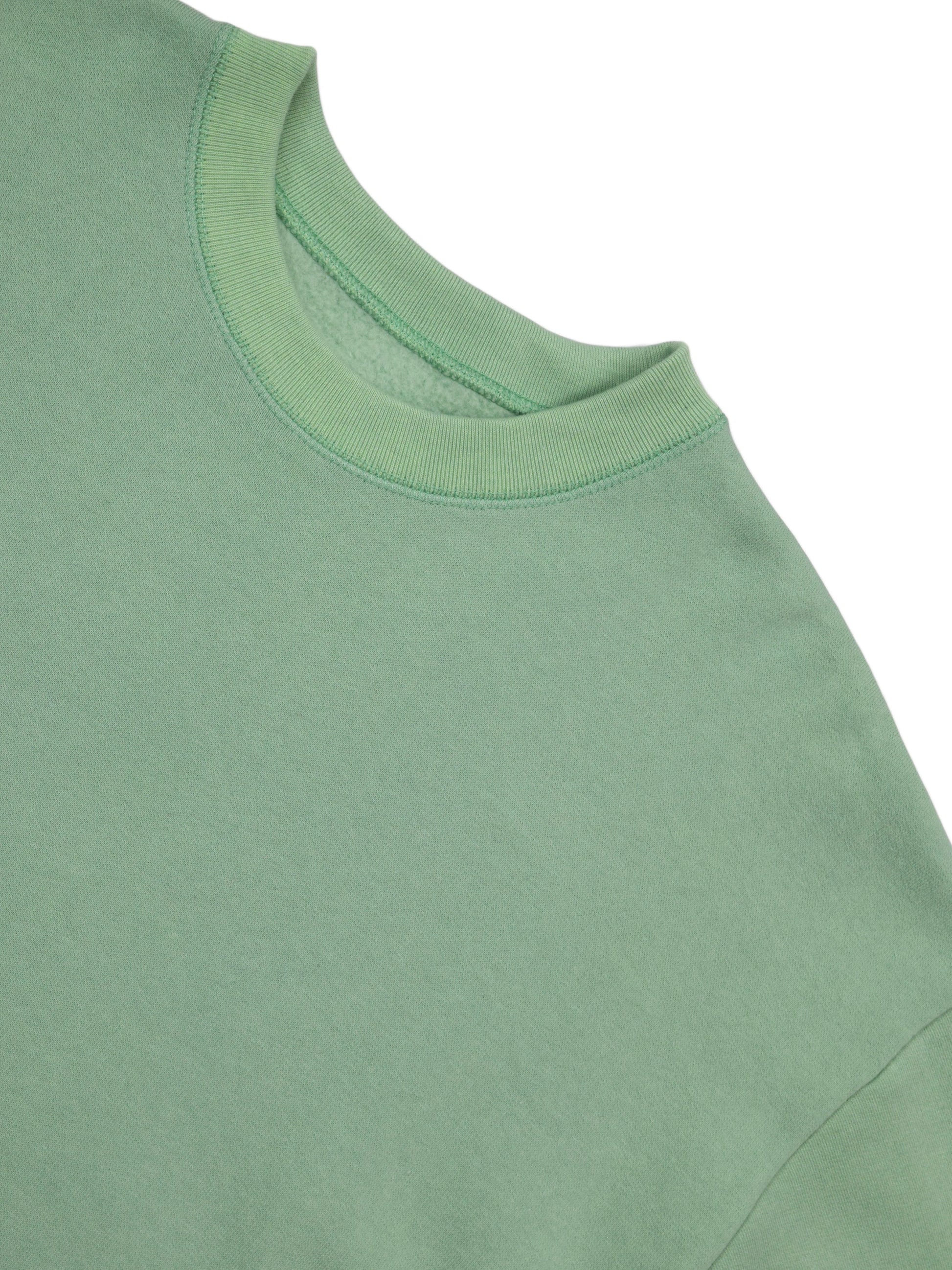 Close up of the crewneck and soft mint green cotton material