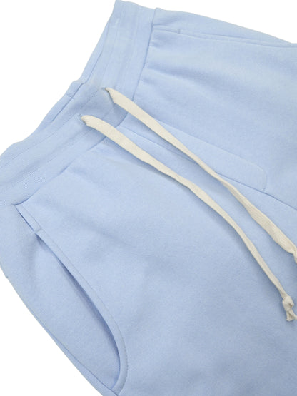 Draw strings and waistband of joggers in airy blue