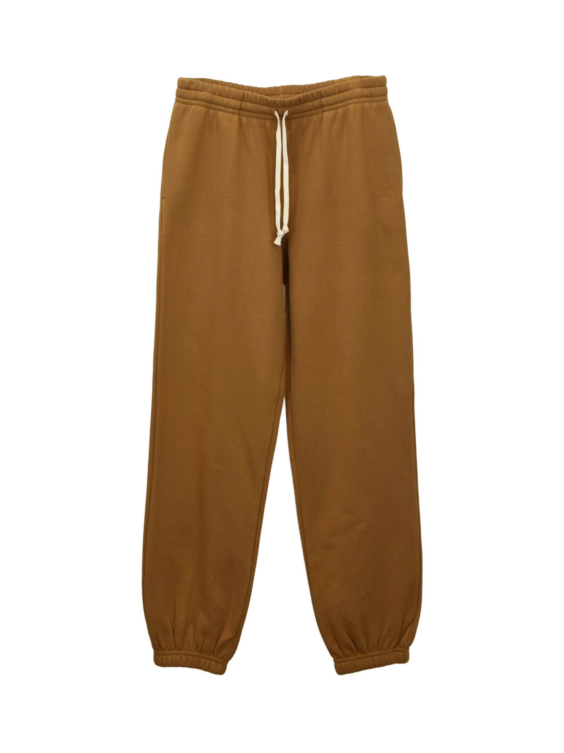 Groundhog brown sweatpants with flexible ankle cuffs and white drawstrings