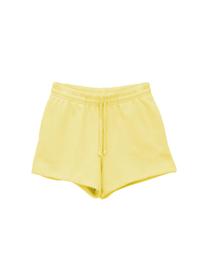 Front of mini shorts showing drawstrings and flexible waistband